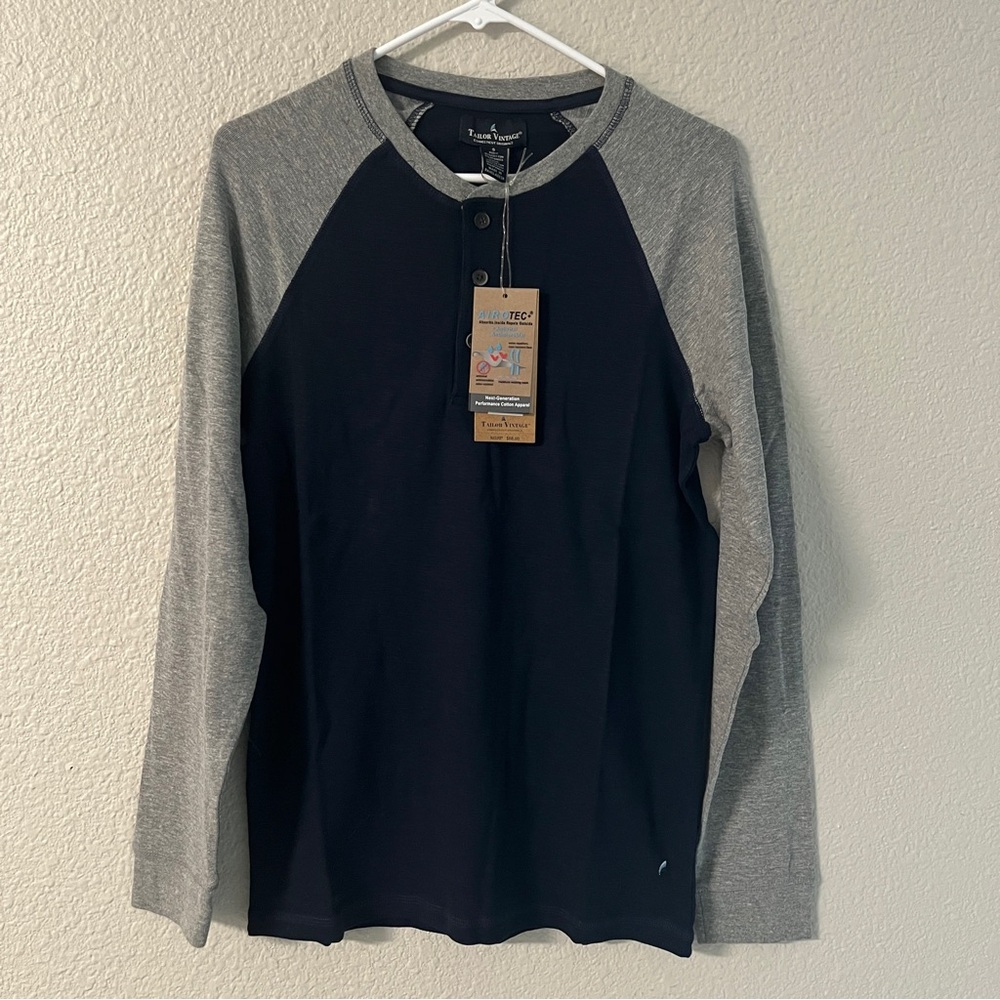 Tailor Vintage Men's Dark Blue Gray Raglan Long Sleeve Henley Shirt Size S NWT